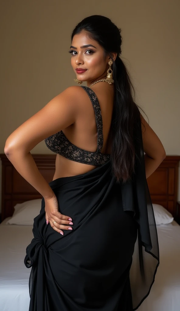 Bbw tall hot healthy south indian white cubby girl with long tied hair, big breast, big hip, big ass, thick thighs, woman wearing black color Georgette saree, in wedding bedroom, ultra hd photo, 4k picture, looking at camera, woman opening her arms to hug