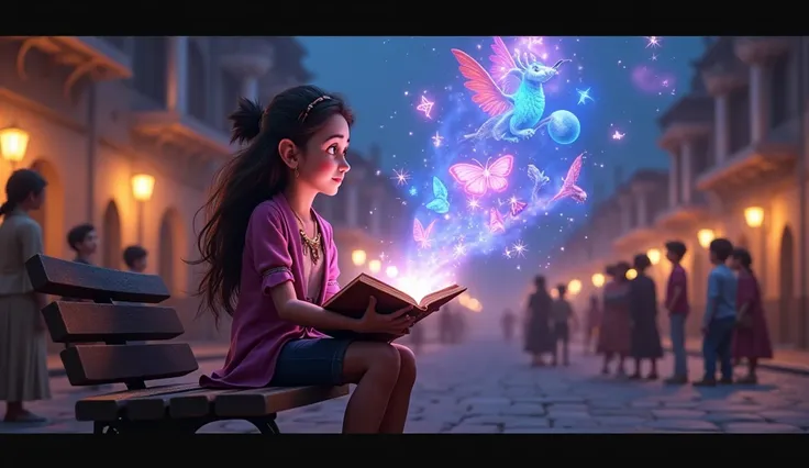 Zara sits on a bench in the town square surrounded by curious ren. She opens a glowing book, and magical, colorful holographic images of mythical creatures and adventures rise into the air. The ren gaze in amazement, captivated by her stories. Style 3D ani...