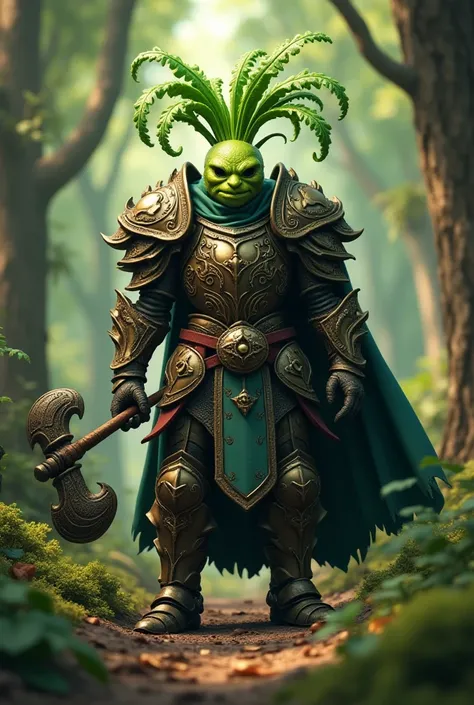 " A powerful warrior wearing armor with wavy details , recalling the leaves of the endive .  He holds an ornate war hammer .  His head is an endive with wild leaves and a menacing expression.  The background shows a magical and lush forest ,  rich in color...