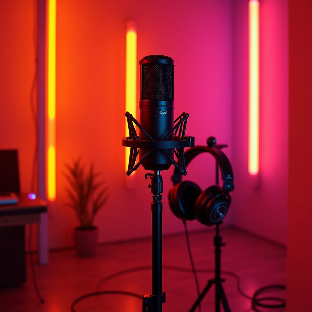 a professional rod nt1 mic on tall mic stand in a neon recording studio with colours of gold and red and headphones 