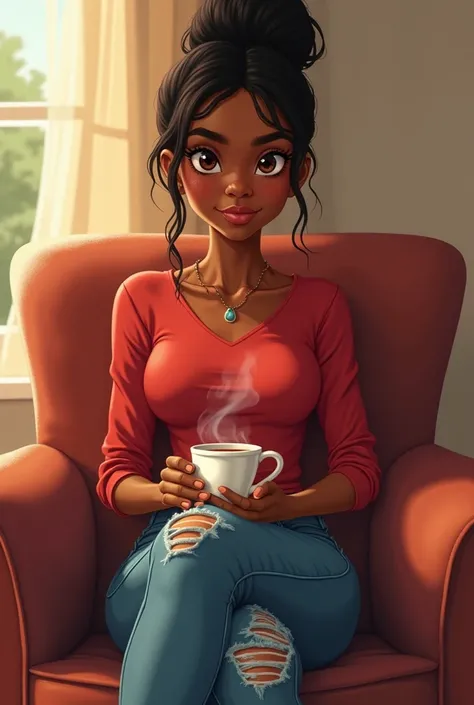 digital illustration of an african young woman in a cozy, lovely coach.She has a warm, friendly expression with large brown eyes, light freckles across her cheeks, and her natural hair is loosely tied in a casual bun. She wears a red blouse, rugged jeans, ...