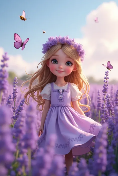 A little cute girl will be in a lilac dress in lavenders in the countryside 