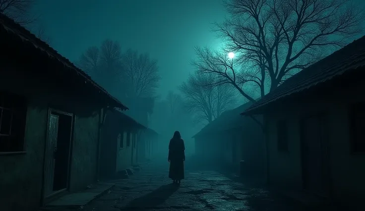 A very clear ultra HD daynamice 3d image of "A mysterious small village at night, with a quiet and eerie atmosphere. The moonlight is dim, and the wind blows through the trees. The houses are small and rustic, made of wood and mud. In the background, a sha...