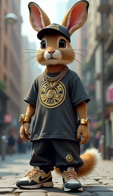 a hare ,   standing on its hind legs   ,   forward facing , She;  wears a baseball cap,  gold chains , Rolex  ,  wristwatch large gold ring  ,   big basketball t-shirt with a hip-hop logo.   wear cool loose pants  . 、  Я ношу Nike Air Max 90 .  Soft wool w...