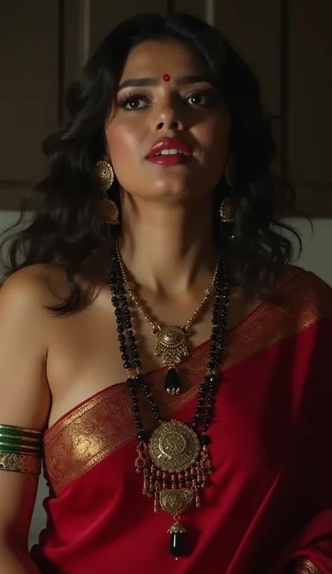 in a dimly light setting A naughty and curvaceous light neutral skin tone woman in traditional attire, wearing a deep red messed up elegant saree, no blouse piece, bare breast and intricate jewelry glass green bangles and a red small bindi between her eyeb...