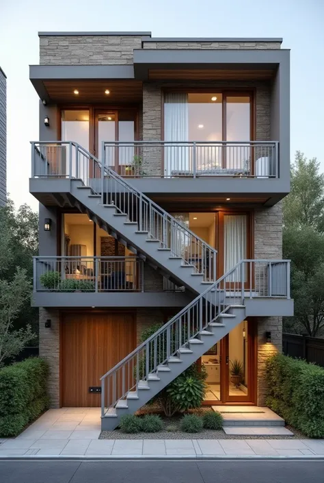 It is a 3 story terraced house with main stairs leading to a second floor entrance. Stairs with grey aluminum rails all the way to the ground floor. Brown pvc window frames. Grey antracit roof. Natural colors facade with a little bit of stone details. Mode...