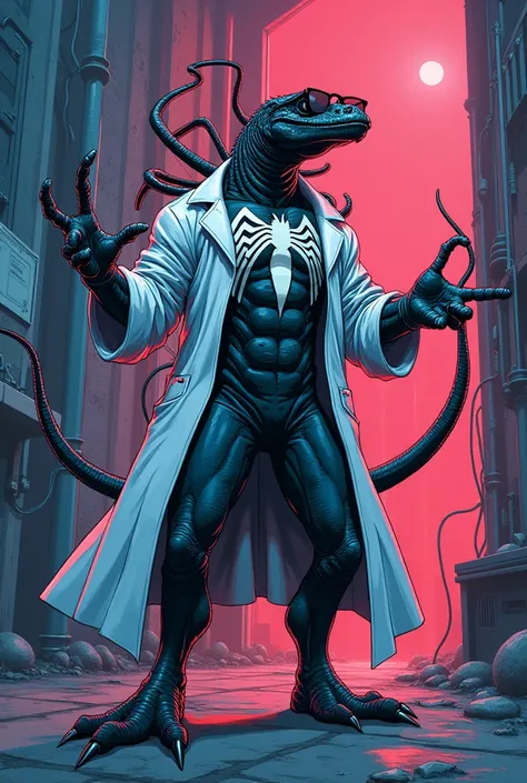 A 6K resolution 90s anime style illustration of a lizard man with the venom symbiote suit and metal tentacles, glasses and a lab coat