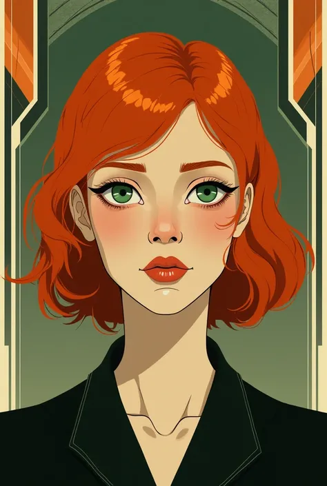 A redhead green eyes sad portrait in art deco