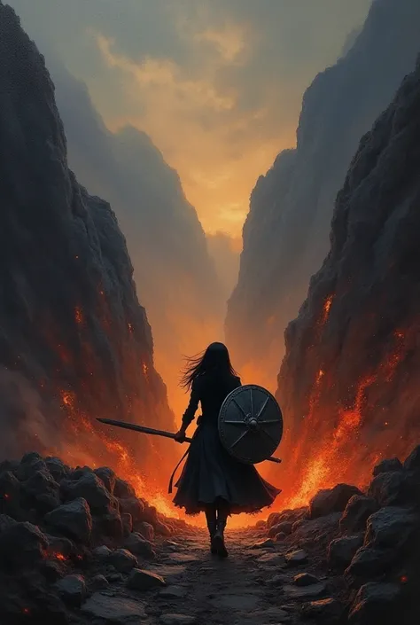 oil painting texture colors A dark and foggy hell with lots of fire between the mountains . An armed woman with black hair is going to hell. . behind the night. woman in battle dress. back of woman black clothes Shield and sword walking full view cinematic...