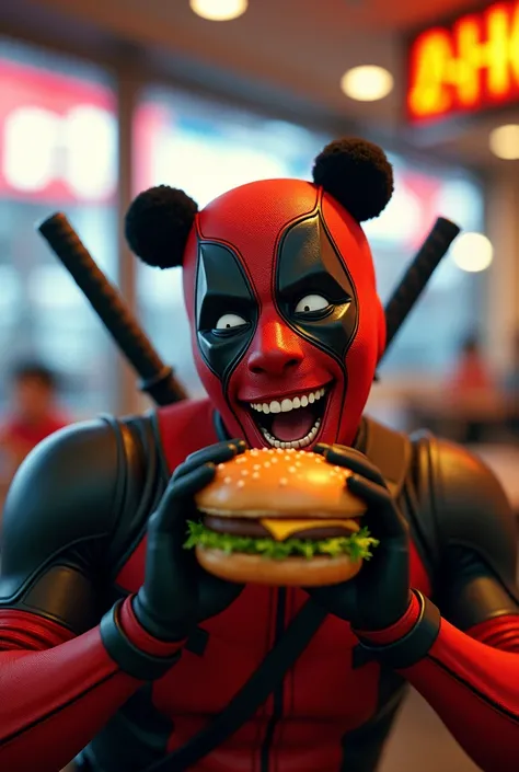 striking visual tension and dramatic flair, ((an anthropomorphic HANdSOME MAN)), expressive, laugh, dressed as Marvel characters Deadpool, red and black clothes, ((normal panda eyes)), and two of swords on back, eating Hamburger, in the MCD Hot Store, Text...