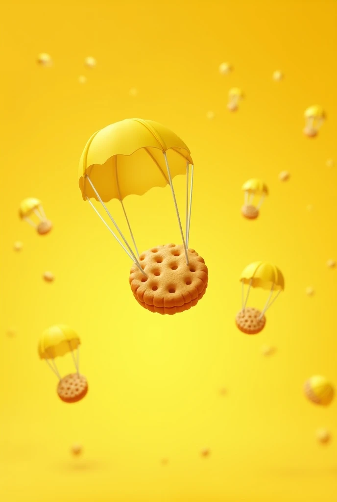 Biscuits jumping from a sky with parachutes on in yellow background 