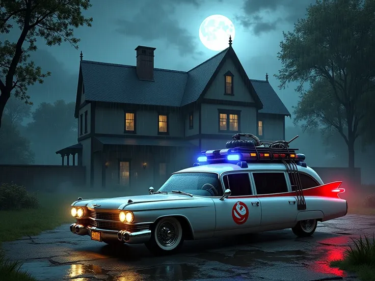 A mystical villa with an old car  ghostbusters cadillac ecto-1 in horror and gloomy under a full moon and thunderstorms with strong winds bending trees