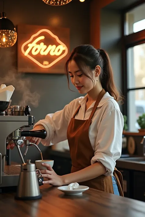 Cafeeforno logo and a barista woman making coffee