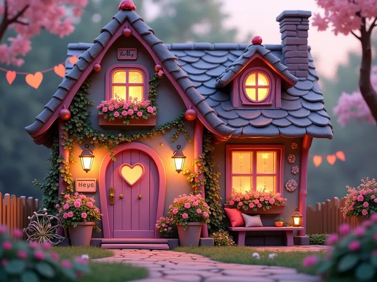 A charming, fairytale-like cottage exterior, designed with romantic Valentine's Day theme. The cottage feature heart-shaped windows and door, adorned with vibrant decoration like blooming flowers, vines, glowing lanterns, and heart-shaped accent. The setti...