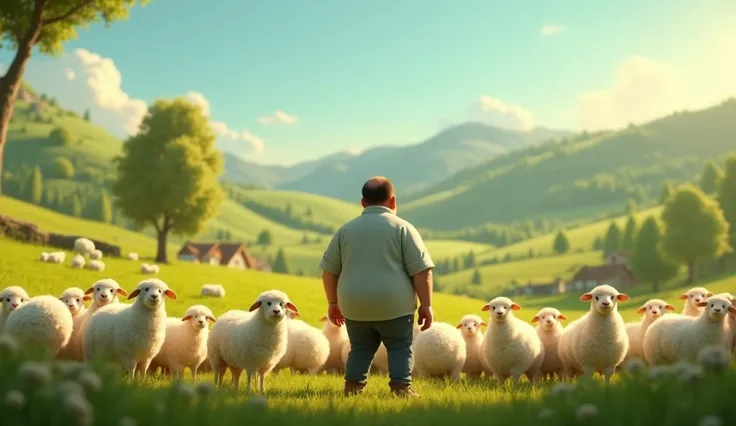 A man has his back to the viewers watching the sheep.  Pixar style cartoon 