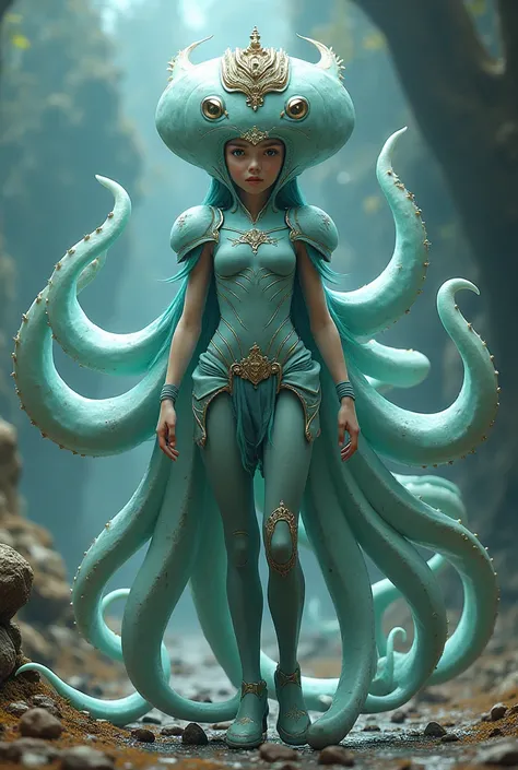 "beautiful, squidward humanoid, little, girl, princess, warrior", big hips, 8 squid legs, with massive human thighs, with "squid helmet" and "squid armor" and crown 