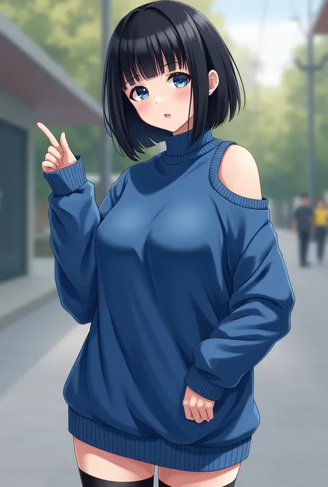 beautiful face, 150cm female, thick thighs, black hair, medium hair, bobcut, blunt bangs, blue pupil, makeup, blue sweater, loose sweaters, oversized sweater, black stocking, standing, outdoor, one side of the shoulder is open