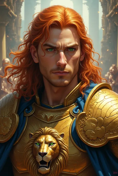 A detailed portrait of an epic 27-year-old warrior ,  with long wavy copper-red hair .  He has an intense look with green eyes full of strength and determination .  He wears majestic golden armor ,  decorated with a lion carved on his chest as a symbol of ...