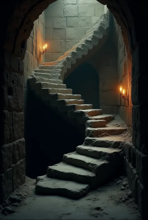 2 spiral stone staircases that sink into the ground, with torches hanging on the walls