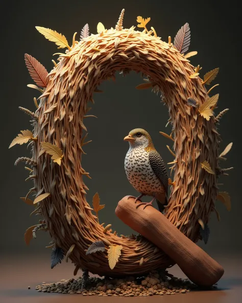 a quail-style letter Q, photorealistic, intricate details, highly detailed, 3d render, realistic textures, nature-inspired, organic shapes, feathered elements, earthy tones, warm lighting, award-winning digital art