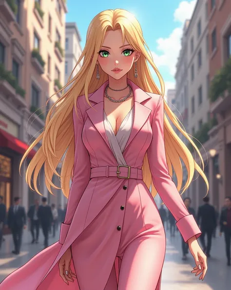 Anime young woman, long blonde hair, green eyes, pink vanguardist clothes, elegant, jewelry, arrogant expretion, she is walking on the streets of a fancy city, vast perspective, vast ilumination, silver light, detailed, anime style 