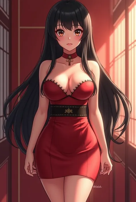 chica (appearance:  silky black hair, dark eyes, soft leather,  round breasts,  thick thighs,  wide hips ) (Clothes: Asian elegant dress)  anime 2D 4K , High details,  high definition ,  High resolution  