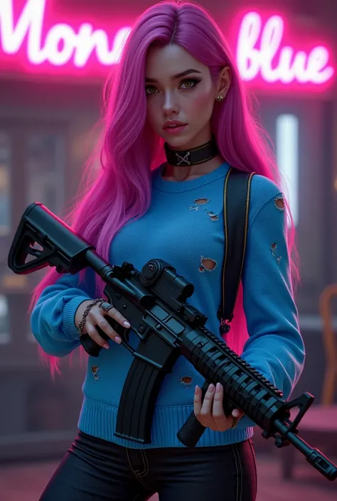  Pubg character ,  girl with long fuchsia hair , a little darker.  With an M416 weapon in her hands .  In the background there is a neon sign with the inscription Moneyka blue. Her eyes are brown .  She is wearing a blue electric sweater with holes and bla...