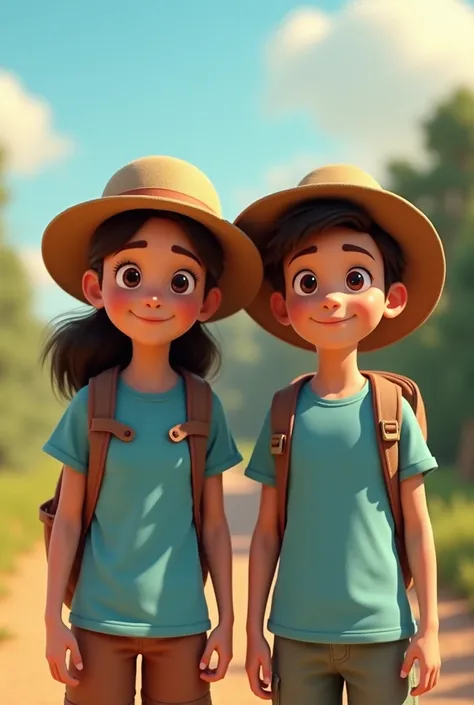  creates a pixar animation in the 3D style with lots of details and colors. Of two young adults ,  One girl and the other boy.  They look straight ahead and say hello. They're wearing a light blue t-shirt,  they both have a camping-style hat and a backpack...