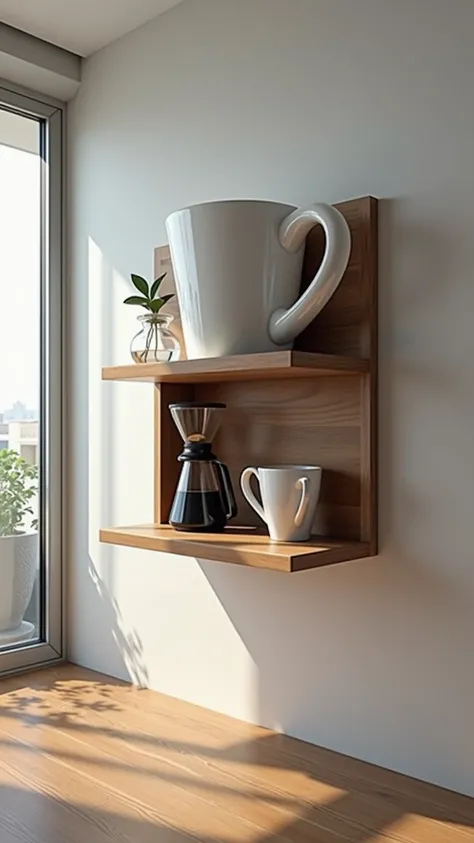 "An innovative and modern coffee corner inspired by the shape of an espresso cup, suspended on the wall in a contemporary apartment. The espresso cup is white, with an elegant teak wood base that holds the coffee preparation equipment above it. The cup app...