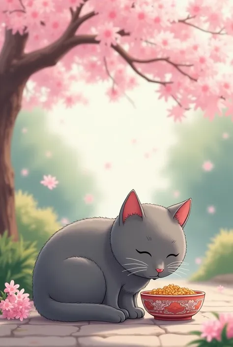 the gray cat eats food from a bowl under the sakura