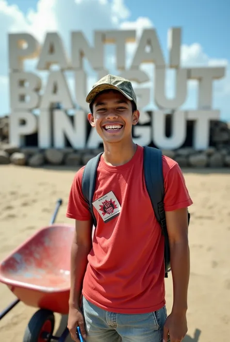 Realistic, dynamic, big swirls. - Young Indonesian male (20-30 years). - Wearing: blue flip-flops, red t-shirt, shorts, camouflage trucker hat. The smile expression displays enthusiastic and youthful teeth. One tooth in front looked half toothless Backgrou...