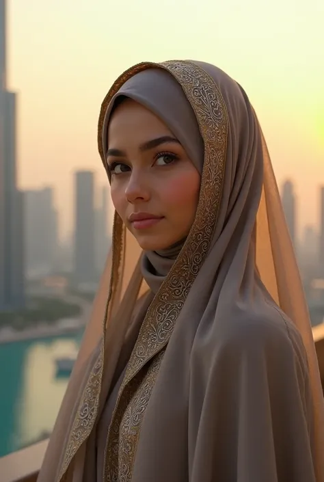 Muslim hijabi girl' with burkha.side look. View of dubai cities 