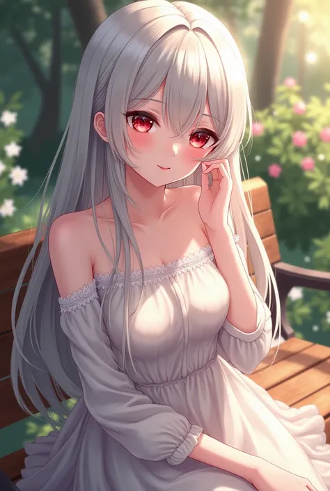 An enchanting anime-style portrait of a young woman, 20 years old, sitting elegantly on a wooden bench in a tranquil, softly lit garden. Her long, silky white and silver hair flows effortlessly down her back, shimmering in the light. Her delicate white eye...