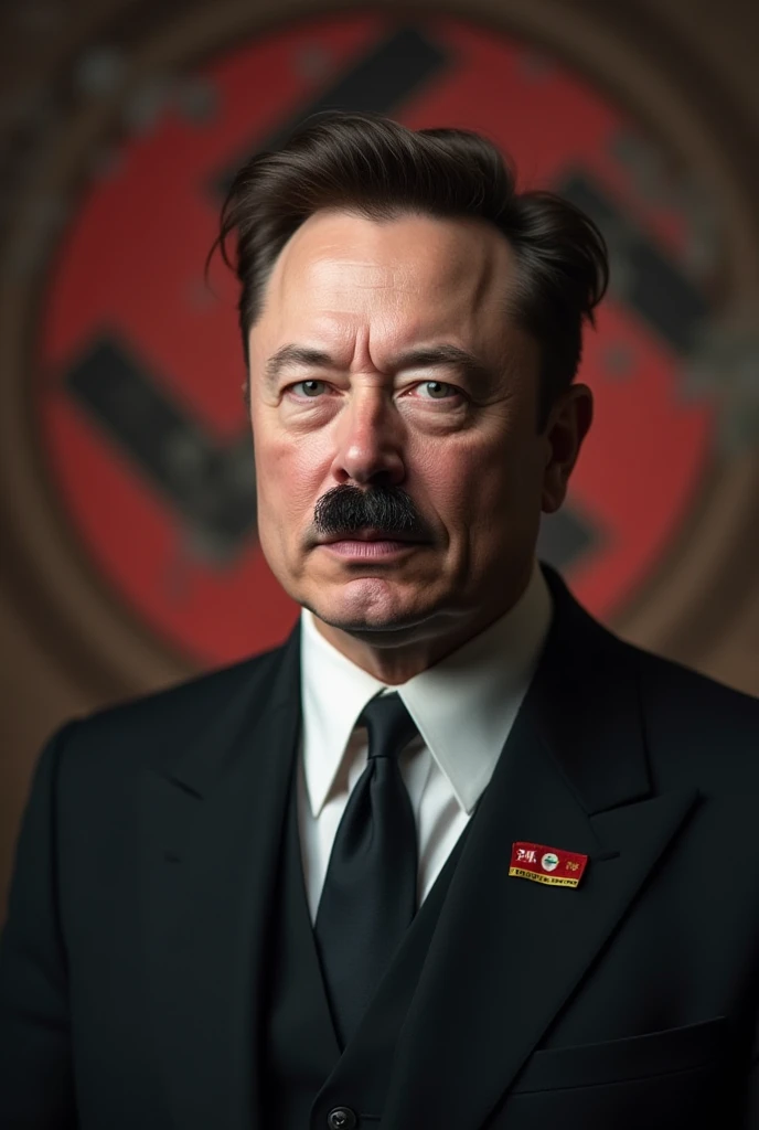 Create a banner for the social network  "X"  featuring Elon Musk dressed as a Nazi and with Hitler's mustache