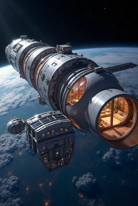 "Create an image of a private luxury international space station with a classic, modular design similar to the current International Space Station (ISS). The station should have a series of interconnected cylindrical modules and large solar panels, but wit...