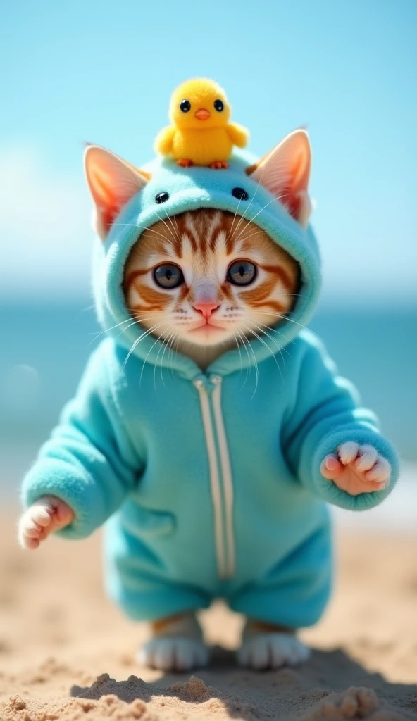 Baby cat wearing a bright light blue costume, Very cute baby cat with big dark eyes,  a baby cat wearing a costume from head to foot , Baby cat with a chick on its head ,  a cute baby cat standing on 2 back legs,  baby cat without nails , Cat without a bea...