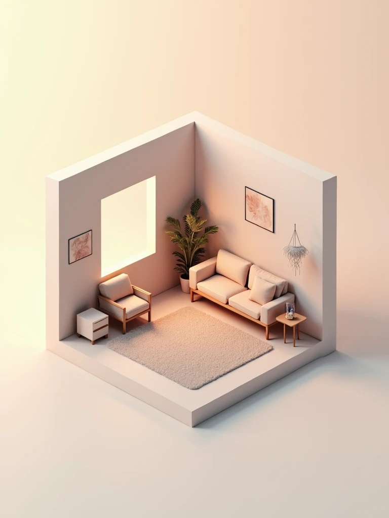 cube cutout of an isometric living room, 3d art, pastel colors, soft lighting, high detail, artstation, concept art, behance, ray tracing