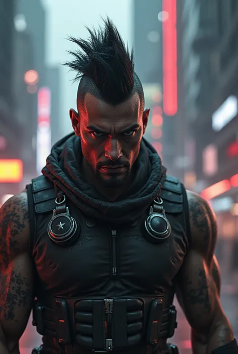 Brutal look,that is dangerous.Mohawk hairstyle, against the background of the city of the future,as in the fifth element