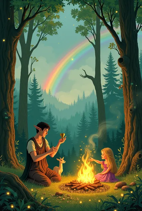 The “10 Cups” tarot card is made in the style of reality but as if in reality 

The centerpiece is a magical green forest ,where many fireflies are flying ,  There is a fire in the forest, next to him is a guy in his 30s with beautiful magical forest cloth...