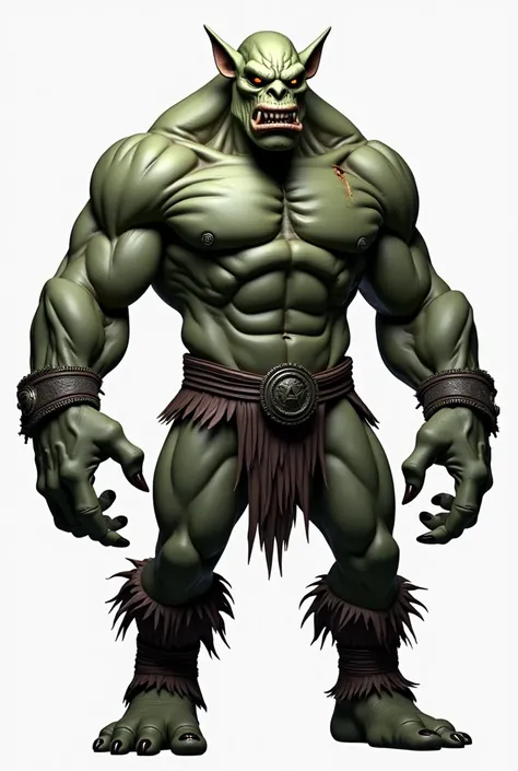  A sturdy and intimidating Orc ,  with a muscular and defined body ,  covered by a greenish skin ,  with shades of gray and battle marks ,  like subtle scars and cracks in the skin .  He is bald or with thin and rough hair , dark in color ( black or brown ...