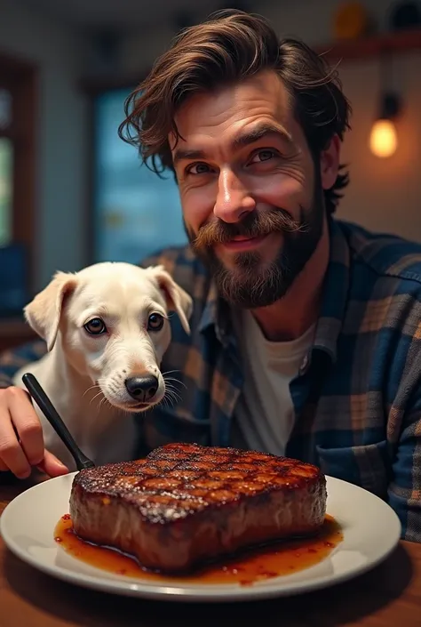 Make a streamer eating steak, with a mustache and beard, And with his white, skinny dog on his side