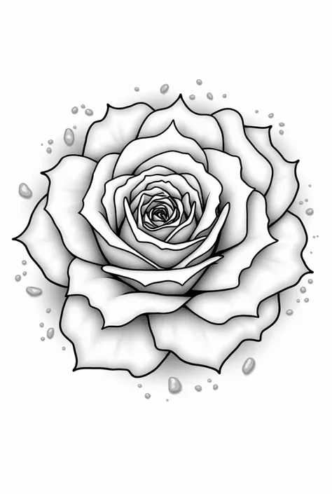 Black and white coloring page of Ethereal rose flower mandala with soft, blended petals in shades of lavender and peach, surrounded by subtle, shimmering accents . I like the image is clean ,thick black outline white background no shadow and no gray scale