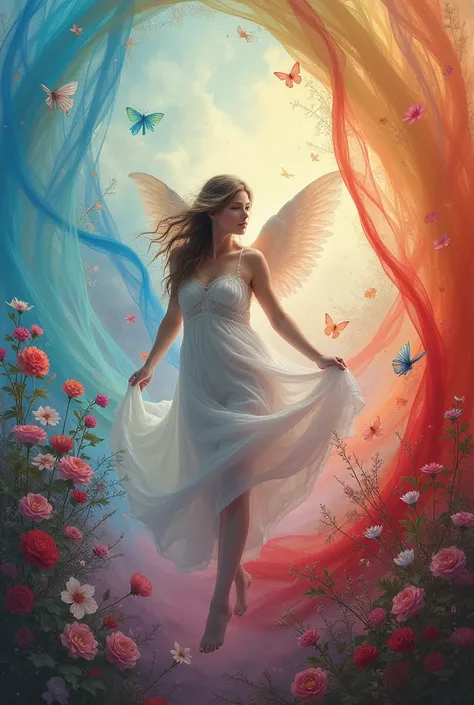 Create a vibrant and mystical scene featuring ethereal beings and angels entwined in a colorful, swirling vortex of fabric and flowers. Emphasize fluid movements and dreamlike expressions, blending elements of fantasy with nature. Capture a harmonious bala...