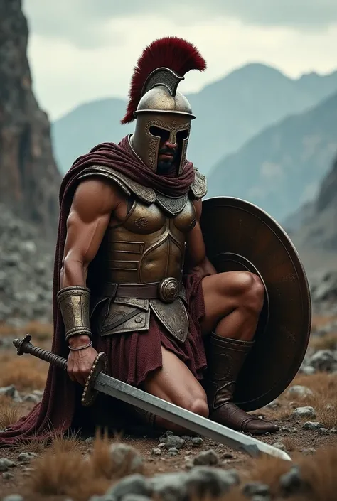 A kneeling Spartan warrior in a defensive position