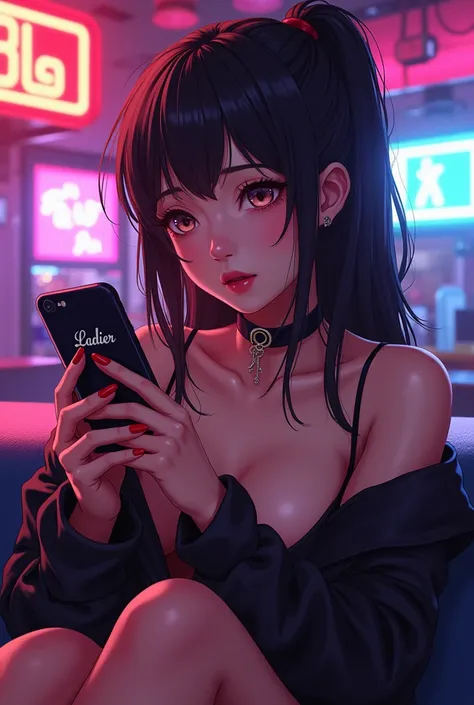 Creates the image of a woman having sex with a cell phone escrito Ladier e usando um perfume escrito Ladier,anime numa boate 