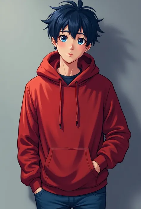 I want you to generate arealistic image A bright happy yet mysterious boy called Liam With his dark blue  hair Has blueberry shining eyes ,Wears a red hoodie a blue jeans , an Asian he's always happy and is always kind to everyone around him,semi realistic...