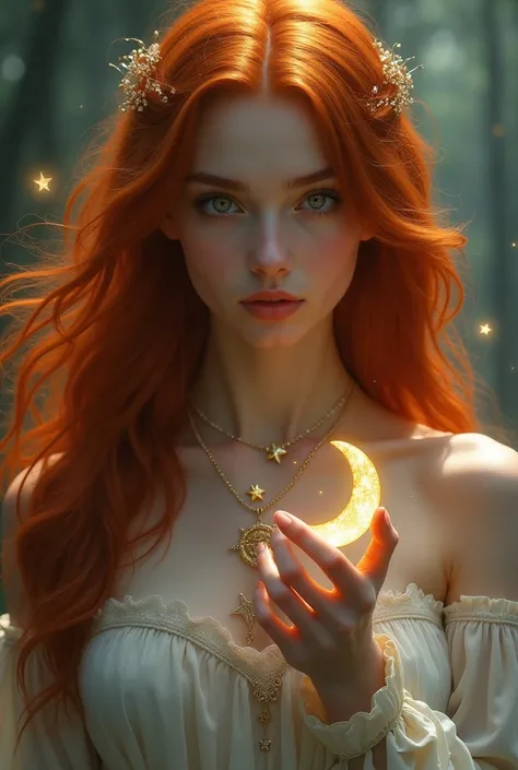 Make a red-haired girl ,  with long hair who wears a star necklace on and has another but of a moon in her hand