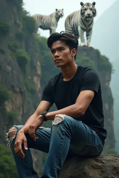 A young Indonesian man in a black t-shirt, tight blue jeans torn at the knee sits on a rock.on the high and steep cliff behind the man was a large white tiger