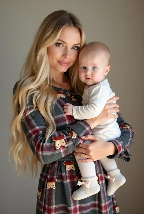  a white woman ,  of long blond hair , Wear a beautiful plaid dress with fox designs.And No Colo,  hold your 6-month-old daughter , A little white baby , baldy, chubby,  with bright blue eyes.  The little one wears a jumpsuit and delicate knitting shoes, W...