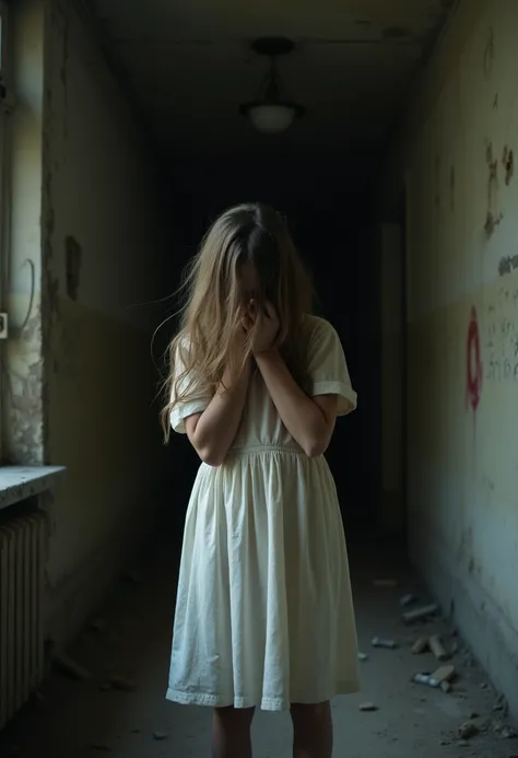 
realistic full body photo, 8k, a young girl with long tousled hair covering her face wearing a dull white dress, is fuckinging in a dark room gripping a dirty and shabby old building full of dust